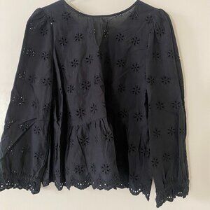 Madewell Eyelet Keyhole Peplum Top - Black - Size Medium M